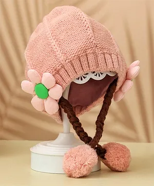 Yellow Bee Flower Applique Detailed  Knitted Beanie With Braids Tie - Pink