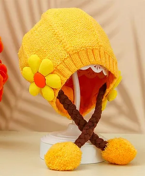 Yellow Bee Flower Applique Detailed  Knitted Beanie With Braids Tie  - Yellow