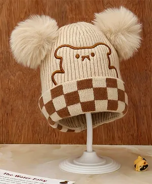 Yellow Bee Checked  With Pom Pom Detailed Cap - Beige & Brown