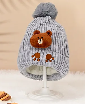 Yellow Bee Bear Face Applique Detailed Knitted Fleece Lining Wool Beanie Bobble Cap - Blue & Brown