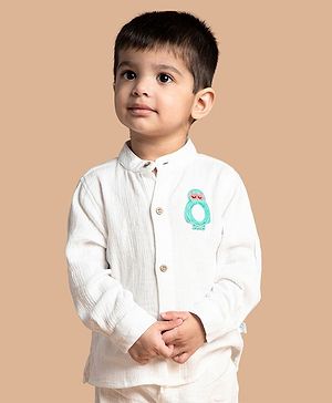 Greendeer Full Sleeves Placement Owl Patch Detailed Crinkle Soft Double Cotton Shirt - Cream