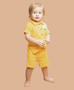 Greendeer Half Sleeves Placement Alien Patch Detailed Crinkle Soft Double Cotton  Co Ord Set - Marigold Yellow