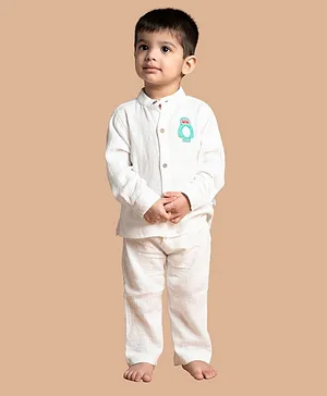 Greendeer Full Sleeves Placement Owl  Patch Detailed  Crinkle Soft Double Cotton Co Ord  Set - White