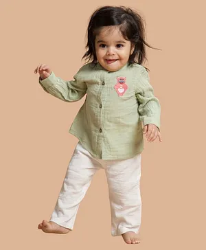 Greendeer  Full Sleeves Placement Monstar Patch Detailed Crinkle Soft Double Cotton Shirt With Pant - Basil Green & White
