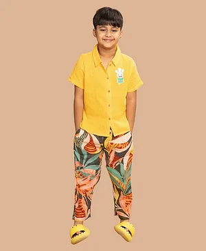 Greendeer Half Sleeves Placement Monstar Patch Detailed Crinkle Soft Double Cotton Shirt With Jungle Printed Pant - Yellow & Multi Colour
