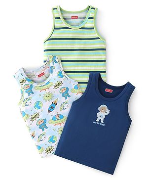 Babyhug 100% Cotton Sleeveless Sando Astronaut Print Pack Of 3 - Green & Blue
