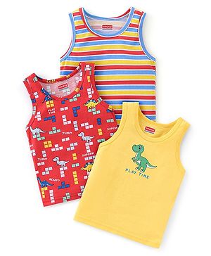 Babyhug 100% Cotton Sleeveless Sando Striped & Dino Print Pack of 3 - Multicolour