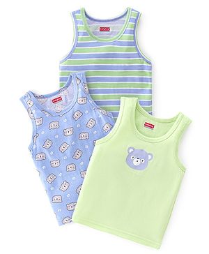 Babyhug 100% Cotton Sleeveless Sando With Teddy Print Pack Of 3 - Green & Purple