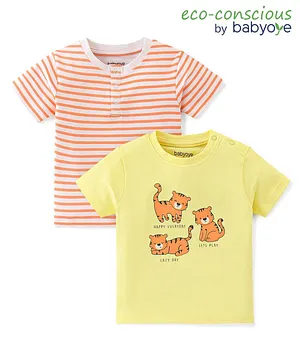 Babyoye 100% Cotton with Eco Jiva Finish Half Sleeves Striped T-Shirts Tiger Print - Yellow & Orange
