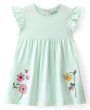 Bonfino 100% Cotton Knit Sleeveless Dress With Floral Applique Embroidery - Blue