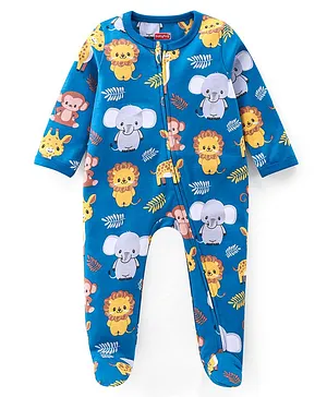 Babyhug Cotton Interlock Knit Full Sleeves Footed Sleep Suit Jungle Safari Theme - Blue