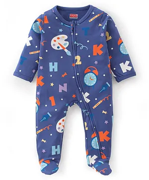 Babyhug Cotton Knit Full Sleeves Footed Sleep Suit Alphabet Print  - Navy Blue