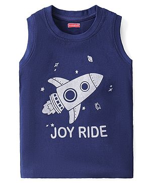 Babyhug Cotton Knit Sleeveless T-Shirt Rocket Print - Navy Blue