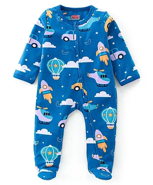 Babyhug Interlock Knit Full Sleeves Footed Sleepsuit With Vehicle Print   - Navy Blue