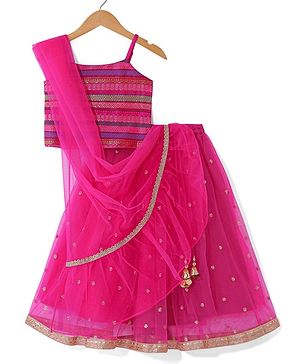 Babyhug 100% Cotton Knit Singlet Sleeves Brocade Choli with Sequin Lehenga & Dupatta Set - Fuschia