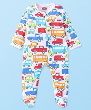 Babyhug Cotton Knit Full Sleeves Sleepsuit with Car Print - White