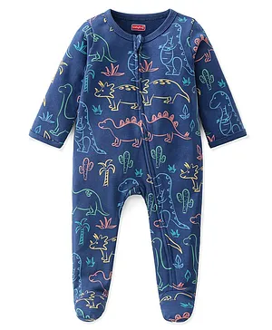 Babyhug Cotton Knit Full Sleeves Footed Sleep Suit With Dino Print - Navy Blue