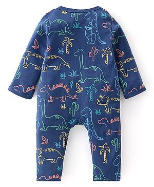 Babyhug Cotton Knit Full Sleeves Footed Sleep Suit With Dino Print - Navy Blue