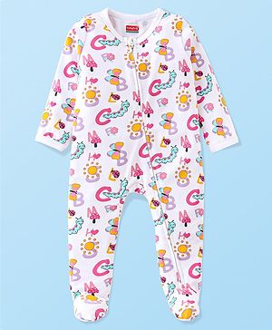 Babyhug Cotton Knit Full Sleeves Sleep Suit with Caterpillar Print - White & Pink