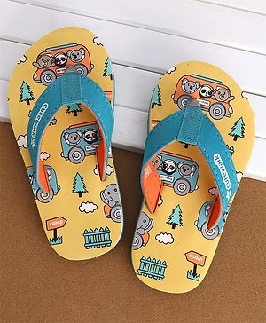 Cute Walk by Babyhug Slip On Flip Flops with Panda Print- Yellow & Sea Green