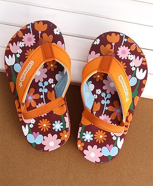 Cute Walk by Babyhug Flip Flops Backstrap Closure Floral Print- Maroon & Orange
