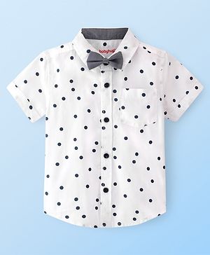 Babyhug Cotton Woven Half Sleeves Regular Collar Shirt with Bow Polka Dot Print - White