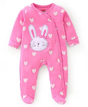 Babyhug Cotton Knit Full Sleeves Footed Sleep Suit Heart Print & Bunny Embroidery - Pink