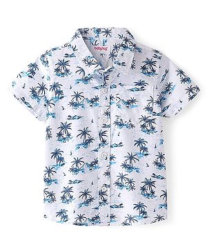 Babyhug 100%  Cotton Woven Half Sleeves Regular Collar Shirt Beach Theme Print - White