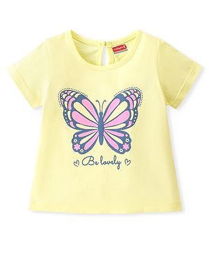 Babyhug Cotton Knit Half Sleeves Top with Butterfly Print - Cream