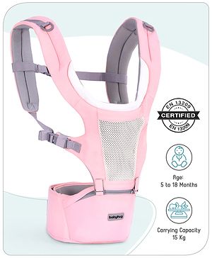 Babyhug Adore 5-in-1 Hip Seat Baby Carrier: Ergonomic, Breathable fabric, Padded straps, Foldable headrest, Secure waist belt, 5 carry positions, and storage pockets for babies up to 15 kg- Pink