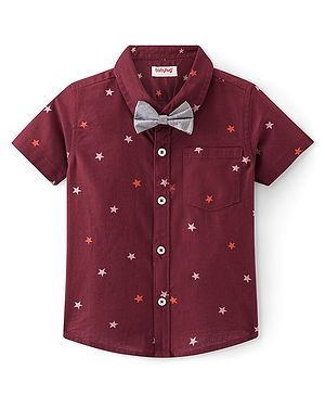 Babyhug Cotton Woven Half Sleeves Regular Collar Shirt with Bow Star Print - Wine Maroon