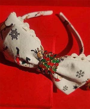 CHOKO Christmas Theme Double Bow Accent Beaded Reindeer & Santa Claus Printed  Hair Band - White Yellow Multi Colour