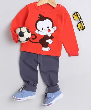 Fourfolds Full Sleeves Monkey Printed Tee With Solid Joggers Set - Red