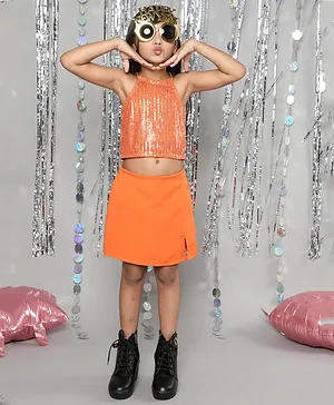 Taffykids  Sleeveless Sequin Embellished Knitted Party Crop Top & Front Slit SKirt  Set - Orange