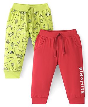 Doodle Poodle 100% Cotton Single Jersey Knit Full Length Lounge Pant Dino Print Pack Of 2 - Red & Green