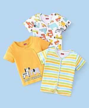 Babyhug 100% Cotton Knit Half Sleeves Striped & Zebra Print Vests Pack of 3 - Multicolour