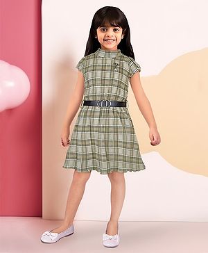 TOONYPORT Half Sleeves Tartan Checked Dress With Belt  - Brown