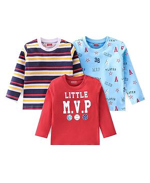 Babyhug 100% Cotton Full Sleeves T-Shirts With Stripes Text Graphics Design Pack of 3 - Multicolor