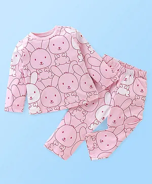 Babyhug Cotton Single Jersey Knit Full Sleeves Night Suit Bunny Print - Pink