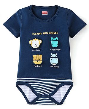 Babyhug 100% Cotton Half Sleeves Onesie Animal Patch - Navy Blue