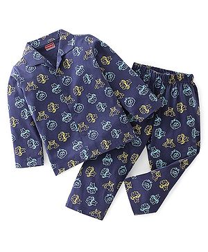 Babyhug Single Jersey Knit Full Sleeves Night Suit Monster Printed - Navy Blue