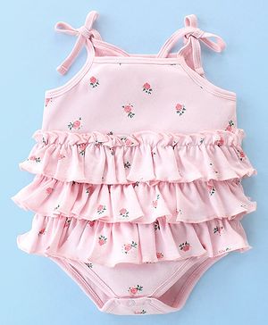 Babyhug Interlock 100% Cotton Knit Sleeveless  Onesies Floral Print - Pink
