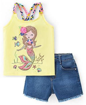 Babyhug Single Jersey Sleeveless Top and Denim Shorts Set Mermaid Print - Yellow & Blue