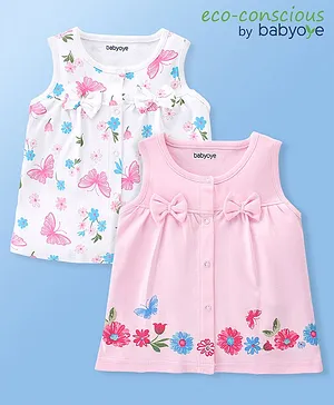 Babyoye Eco Conscious  100% Cotton  Knit with Eco Jiva Finish Sleeveless  Set of Vests Butterfly & Floral Print & Bow Applique Pack of 2- Pink & White