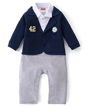Babyhug Interlock Knit Full Sleeves Romper Soccer Ball Patch - Navy Blue