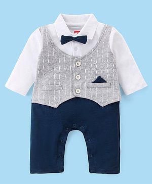 Babyhug Cotton Knit Full Sleeves Party Romper With Stripe  - Navy Blue