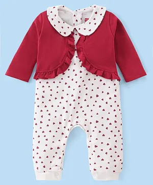 Babyhug 100% Cotton Knit Full Sleeves Romper Heart Print - Red & White