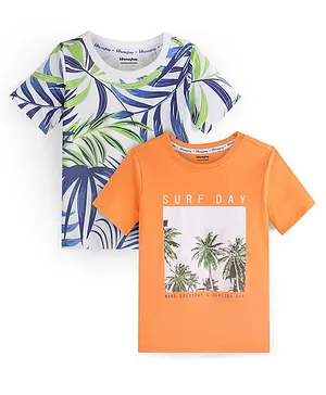 Honeyhap Premium 100% Cotton Half Sleeves T-Shirt with Bio Finish Tropical Print Pack of 2 - Bright White and Orange