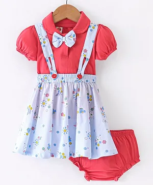 Dew Drops Sinker Knit Half Sleeves Top & Skirt with Bloomer Floral Print & Bow Applique - Blue