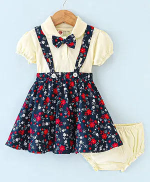 Dew Drops Sinker Knit Half Sleeves Top & Skirt with Bloomer Floral Print & Bow Applique - Black